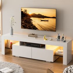 White high glossy TV Stand with LED Light Remote Control, Storage Drawers and Shelves for TVs up to 70"