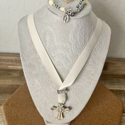 Vintage Cream Ribbon Cross Pendant, Bracelet & Ring