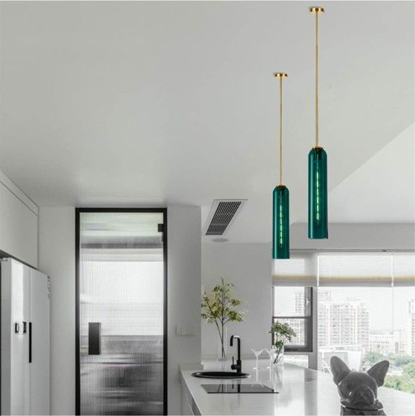 Nordic Modern Pendant Light Mid Century 1-Light Pendant LED Lamp Fixture With Long Tube Tinted Glass, E26 Base (Green)