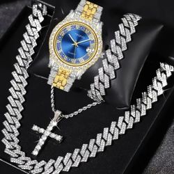 Luxurious 4-Pcs Men's 14K White Gold Plated Cubic Zirconia Watch + 50cm Cuban Chain Necklace + 20cm Cuban Bracelet + Cross Pendant Necklace Set