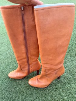 Ralph Lauren  tall cognac/brown leather boots with a slim heel and side zipper. Size 8 1/2 M