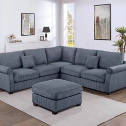 ✅4 pc dark grey corduroy fabric sectional sofa with rounded arms and ottoman✅