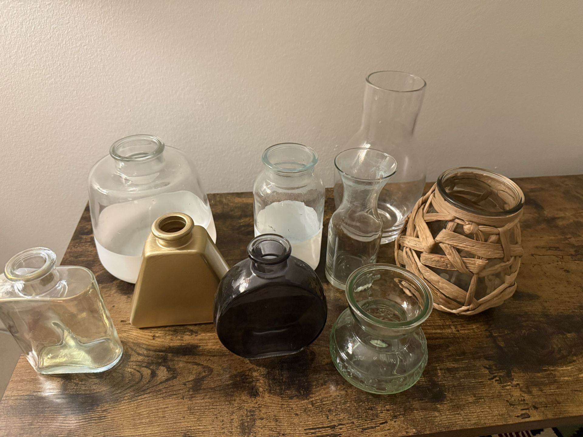 Set of 9 Decorative Glass Vases – $10 for All