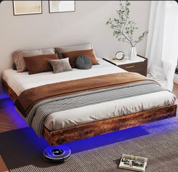 IVY BRONX Cowen Floating Bed Frame with LED Lights Metal Slats Underbed Storage Space No Box Spring