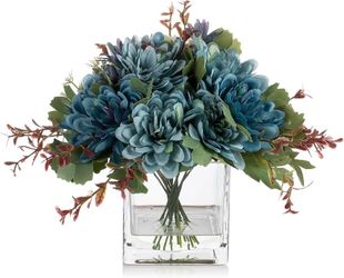 ENOVA FLORAL Mixed Artificial Daisy Floral Arrangements with Vase, Table Centerpieces for Dining Room, Silk Daisy in Glass Vase with Faux Water for Ho