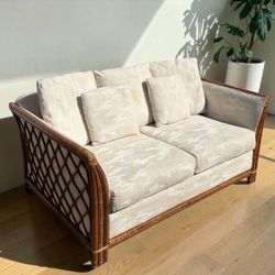 Vintage Rattan Loveseat with Cushions