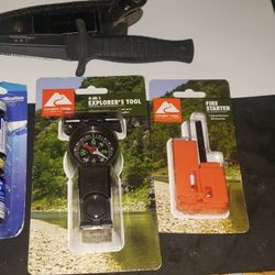 Camping & Outdoors Lot O 4 Items Of Smith & Wesson 5" Knife With Leather Holder & 4 In 1 Explorer's Tool & One Fire Starter & Water Purification