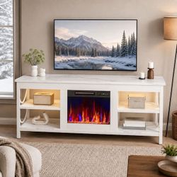 55 in. Freestanding Electric Fireplace TV Stand with LED Lights and Open Storage for TVs up to 60 in. in White Marble