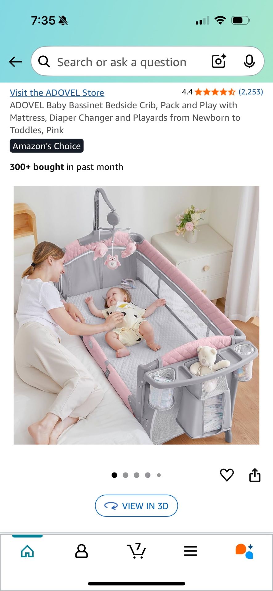 Baby Bassinet Bedside Crib, Pack and Play with Mattress, Diaper Changer and Playards from Newborn to Toddles, Pink