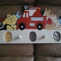 Kids Firetruck Wall Hanging With 4 Pegs & 3 Photo Frames  24"W X 10"H