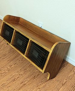 Brown Oak Wall Mounted Hanging Coat Rack 3 Baskets Display Stand Storage Compartment Top Shelf