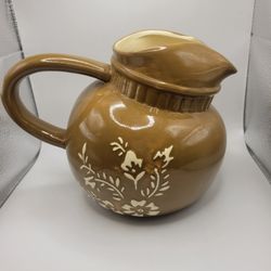 Vintage USA Pottery Pitcher Unique Cream Brown with Ice Lip 7" Tall 9.5" Long