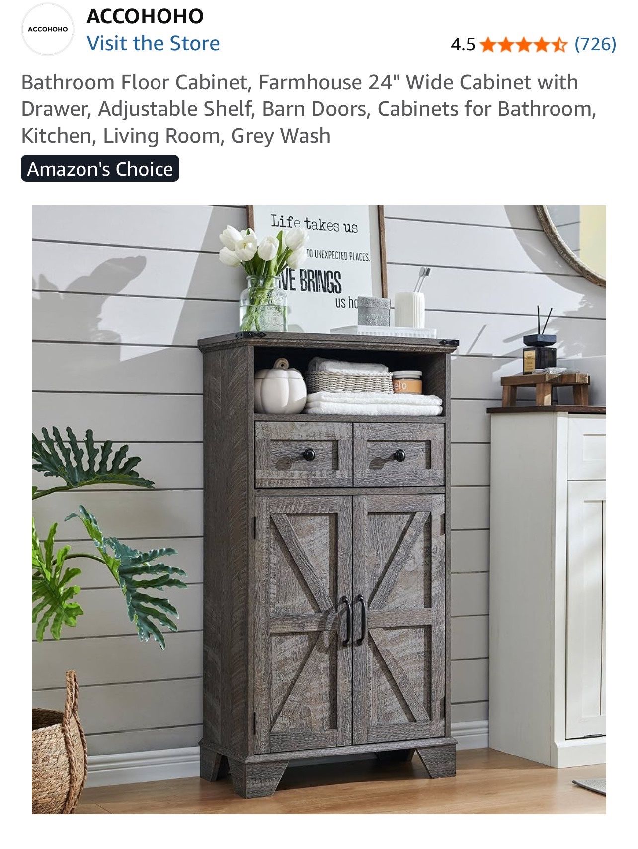 ACCOHOHO Gray Wash Cabinet w/ Drawer & Adjustable Shelf