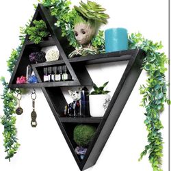 Rustic Curiosities Large Triangle Shelf - Crystal Display Altar Shelf for Stones, Essential Oils, and More 21.5 X 20 Inches (Black, Left Triangle Up)