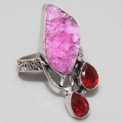 Druzy Agate and Garnet sterling silver ring, size 8.5
