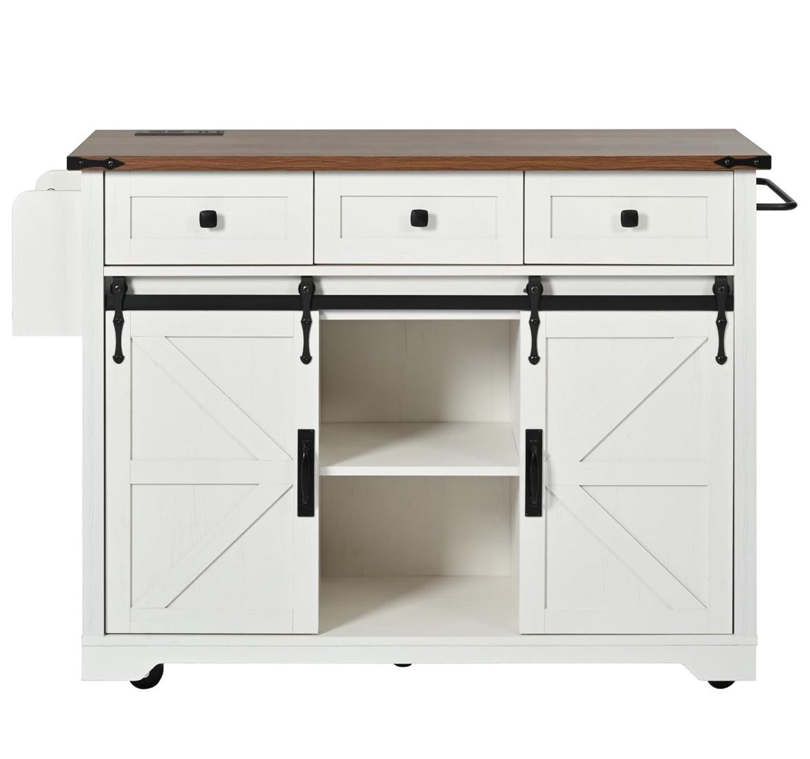 DAMAGED Kitchen Island with 2 AC Outlets and 2 USB Ports, 2 Sliding Barn Doors, 5 Universal Wheels