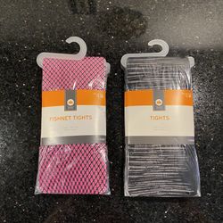 2-Pairs Style Tights Size 7-10 Fishnet Pink & Striped Black 