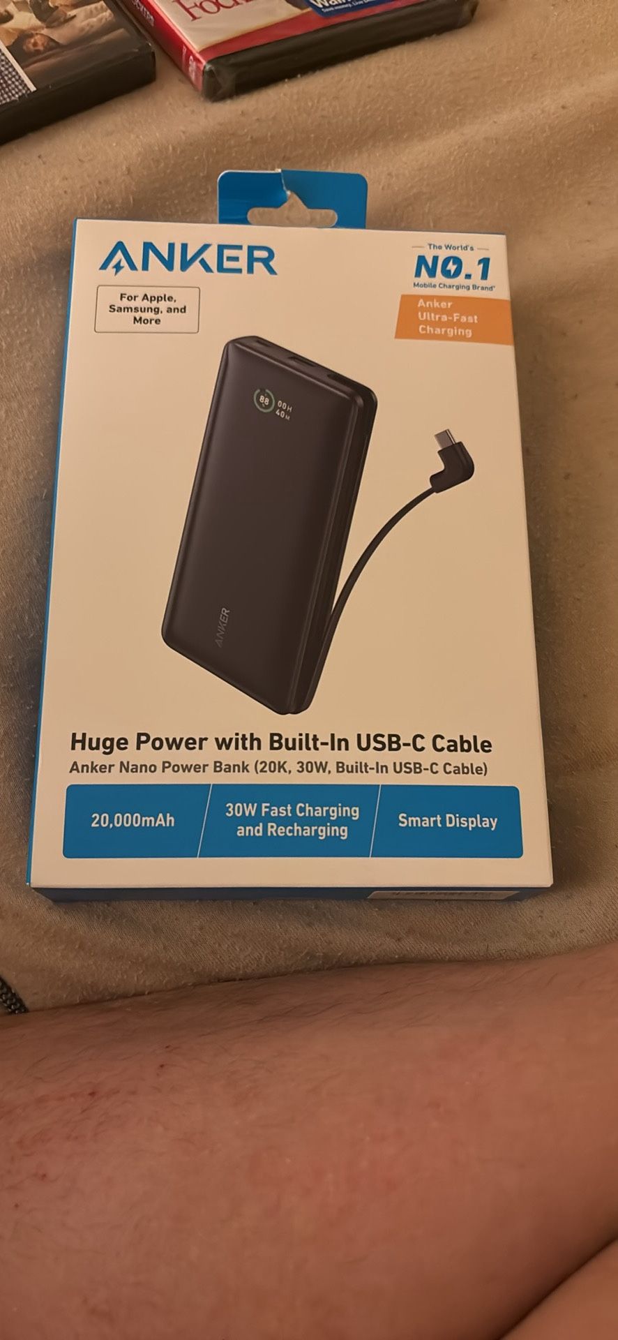 Anker Portable 20,000 mAh battery, with 2 usb c ports and a usb-a port BRAND NEW