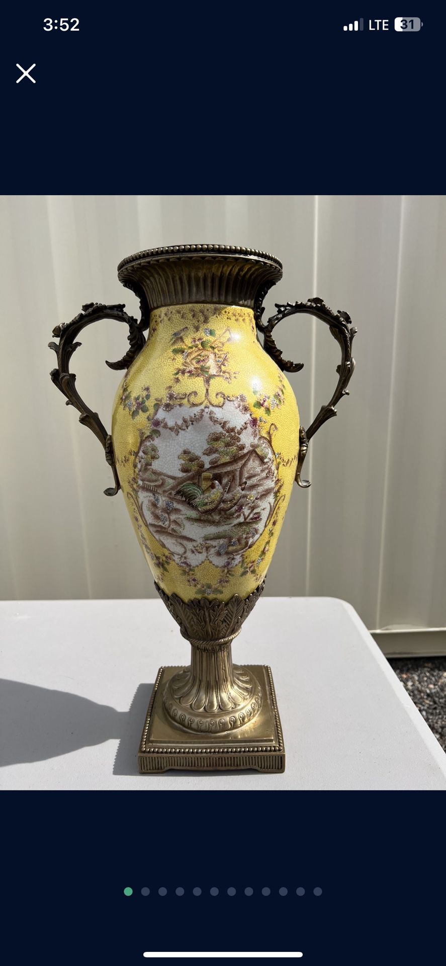 French Rooster Porcelain and Brass Ornate Vase 