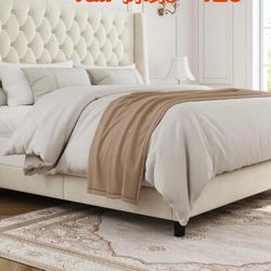 Full Bed Frame with 55" Tall Headboard, Upholstered Bed Frames, Soft Fabric, Button Tufted Headboard with Windback, Platform Bed, Noise-Free, No Box S