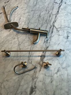 Brushed Nickel Faucet and Bathroom Hardware Set