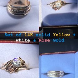 14K Yellow, White & Rose Gold - Set Of Engagement/Wedding  "His & Her"