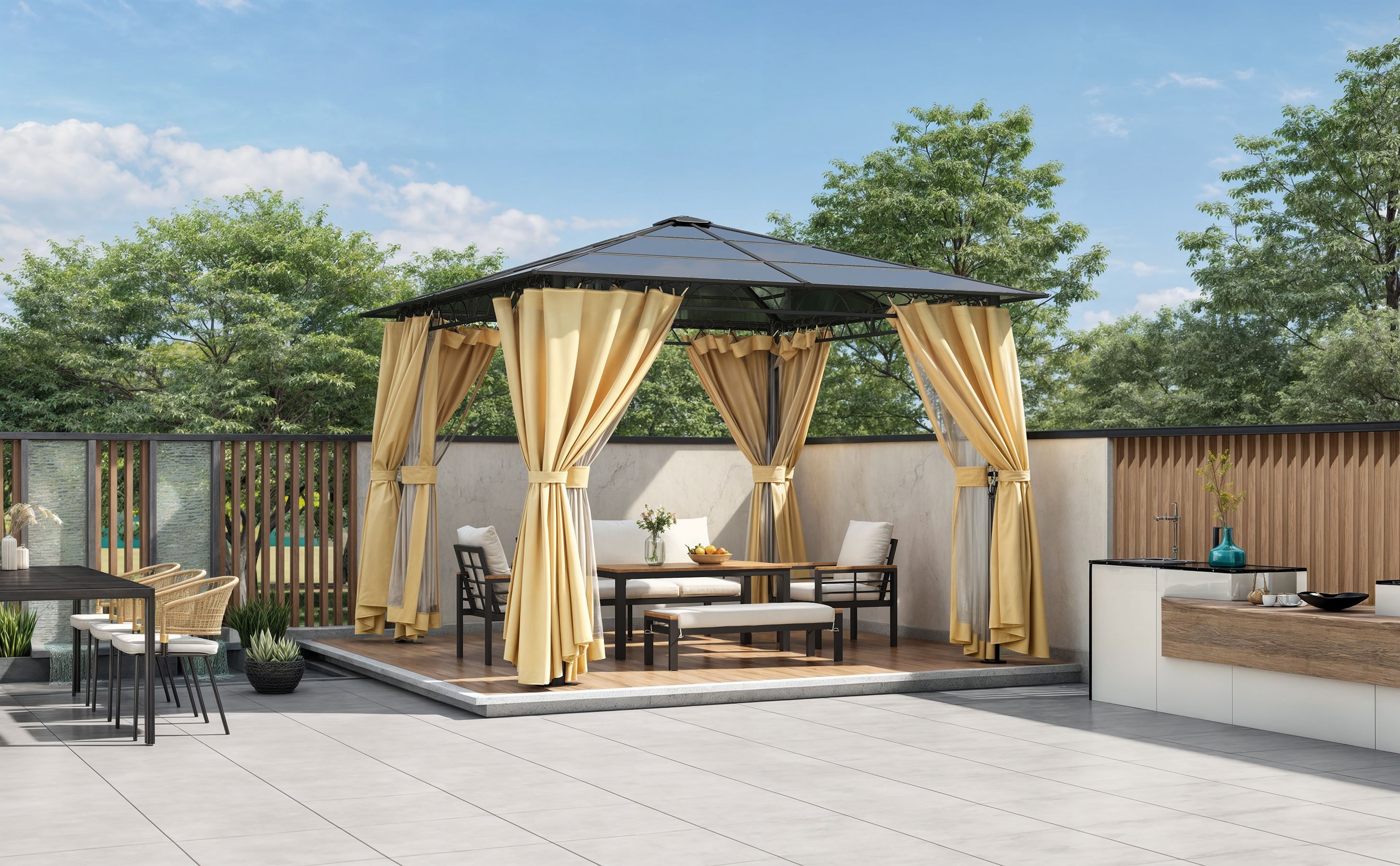 TREXM 10'x10' Hardtop Outdoor Gazebo with Polycarbonate Roof, Patio Gazebo with Aluminum Frame, Mosquito Netting and Privacy Screens for Shade and Rai