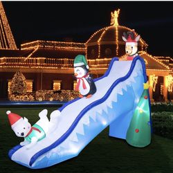 10 FT Christmas Inflatables Outdoor Decorations, Funny Christmas Inflatables Slide with Penguin, Polar Bear, Reindeer Blow Up Yard Decorations with Bu