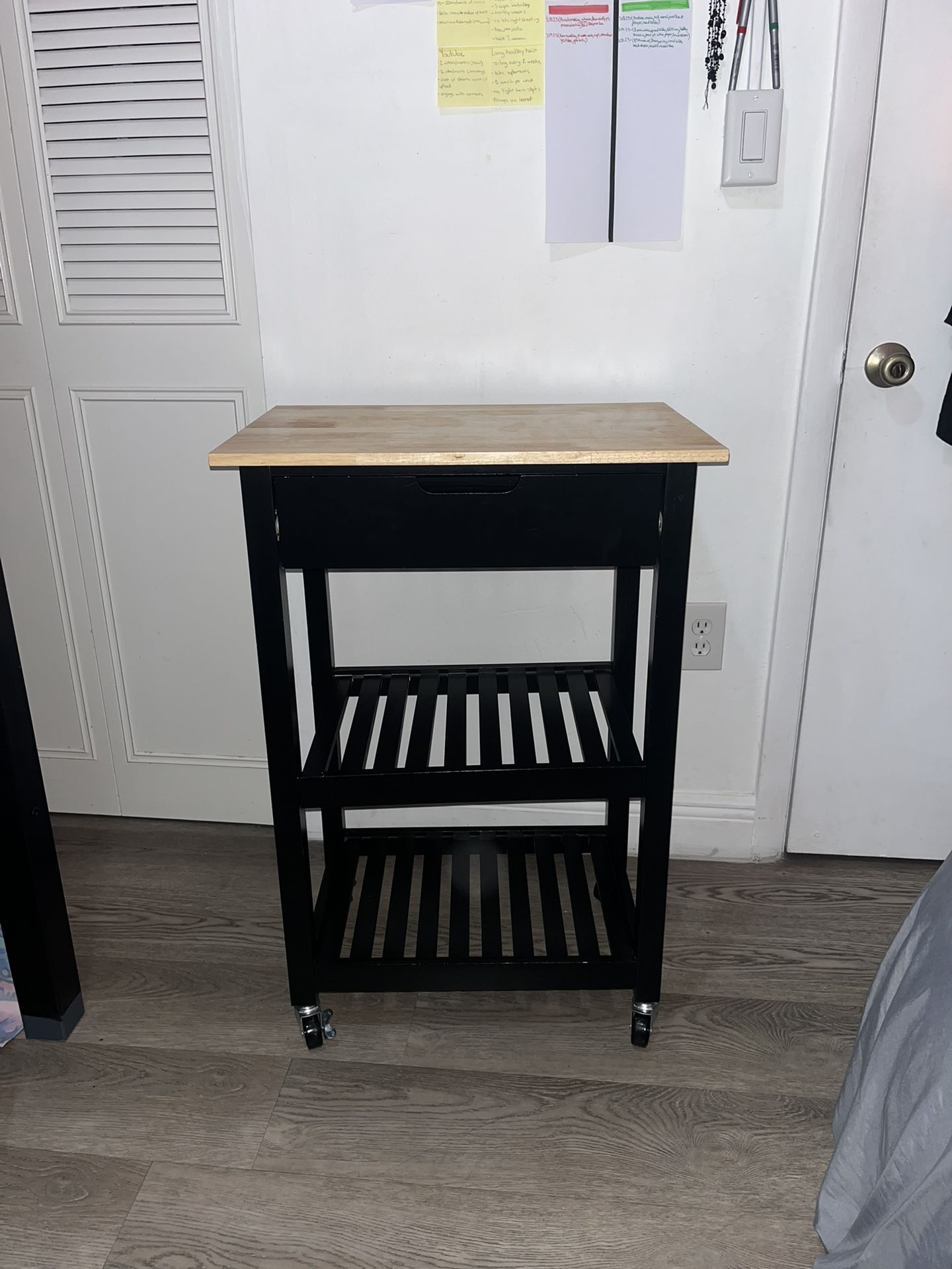 Coffee Bar Rolling Table Small Shelves One Drawer