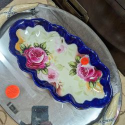 Antique Oval Rose Roses Floral Porcelain Tray Dish Home Decor 