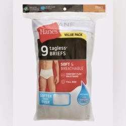 NWT Hanes Men's White Cotton Brief Underwear, 9-Pack Large 36-38”