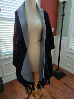 Black and Gray Fringed Wrap Cape Shawl
