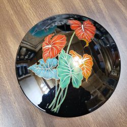 Beautiful Trinket with Flower Motiff Action Black Porcelain Lidded Trinket . 