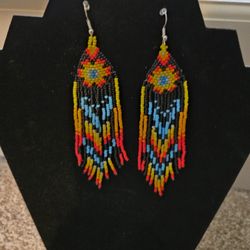 Handmade Beaded Native Style Black Star Color Hook Earrings 