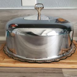 Vintage Glass Cake Serving Plate With Chrome Lid