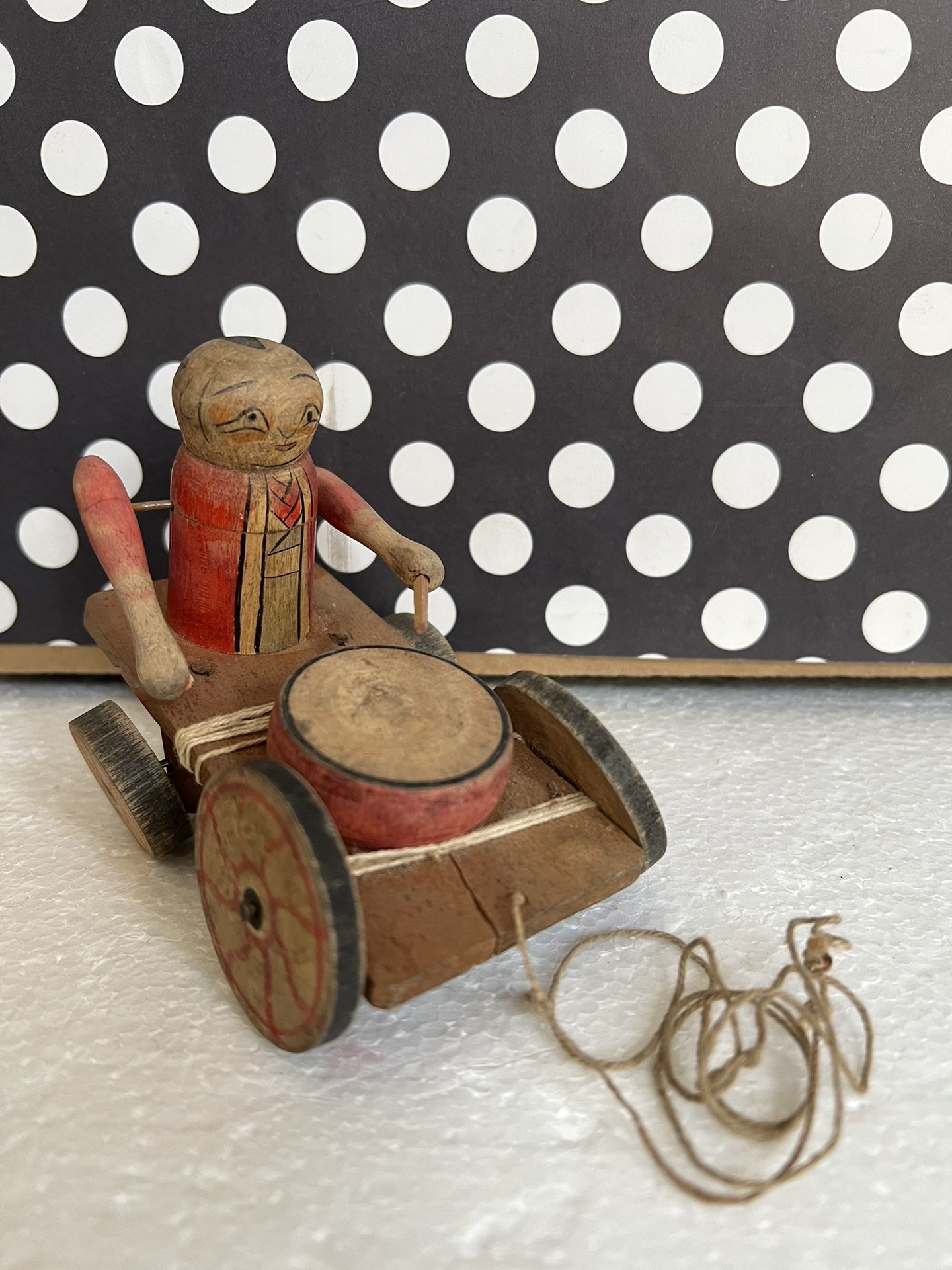 Vintage Hand Made Asian Toy Man On Wheeled Platform Playing Drum w Pull String