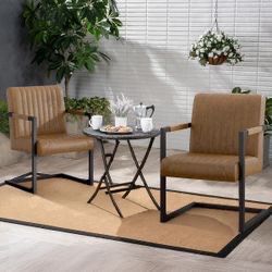 Brown Leather Arm Chair Dining Chair 2 Pcs
