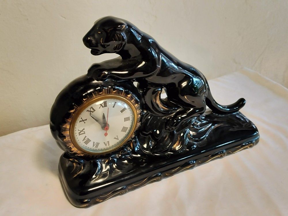 Vintage 1950 Black and Gold Panther Mantel Clock. Please See Full Description