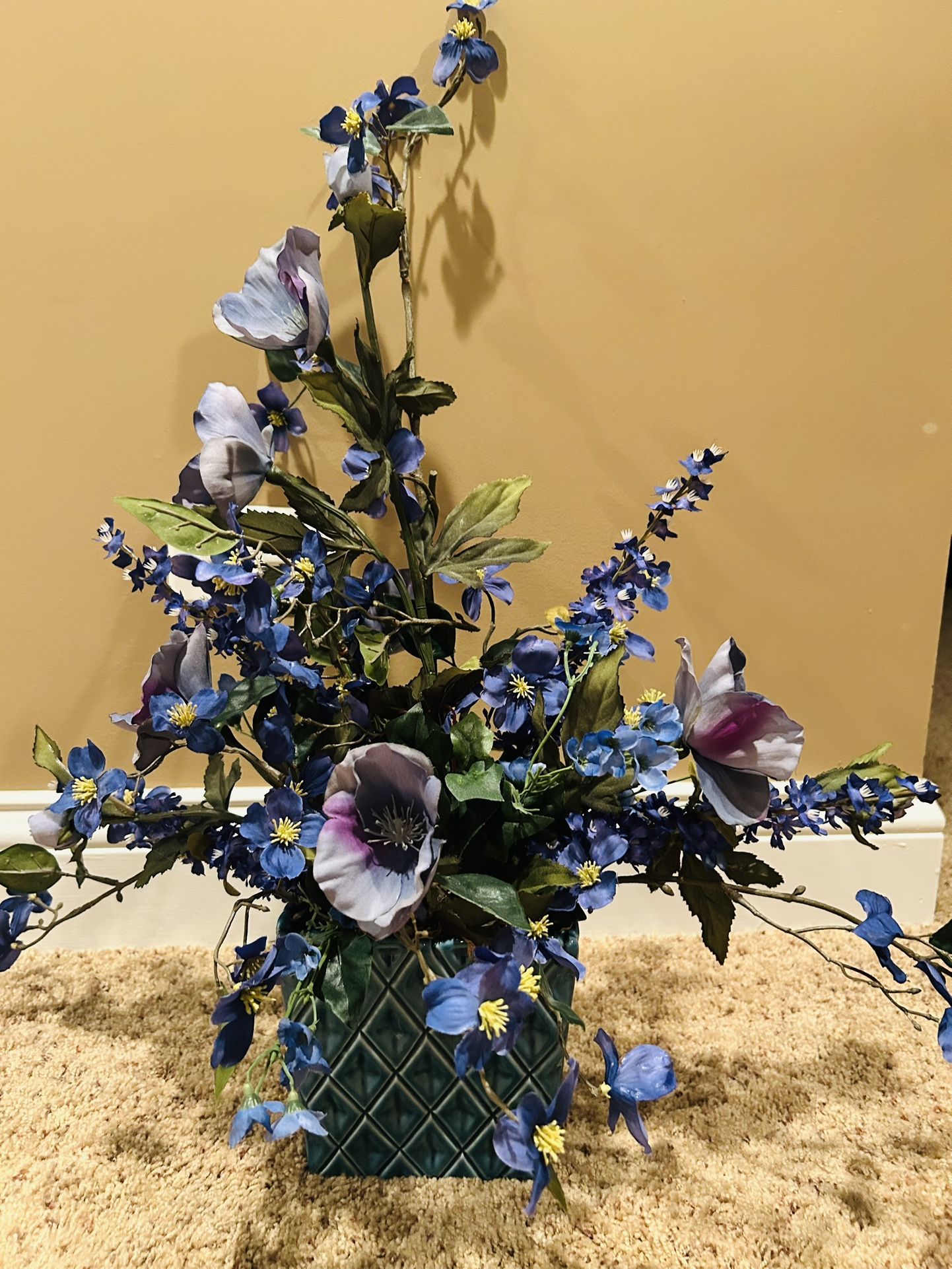 Blue Plastic Flowers with Ceramic vase 