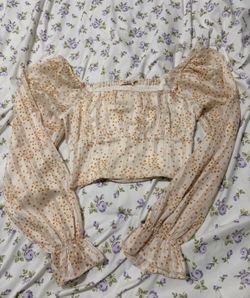 Sheer Cream Dot Long-Sleeve Smocked Crop Top