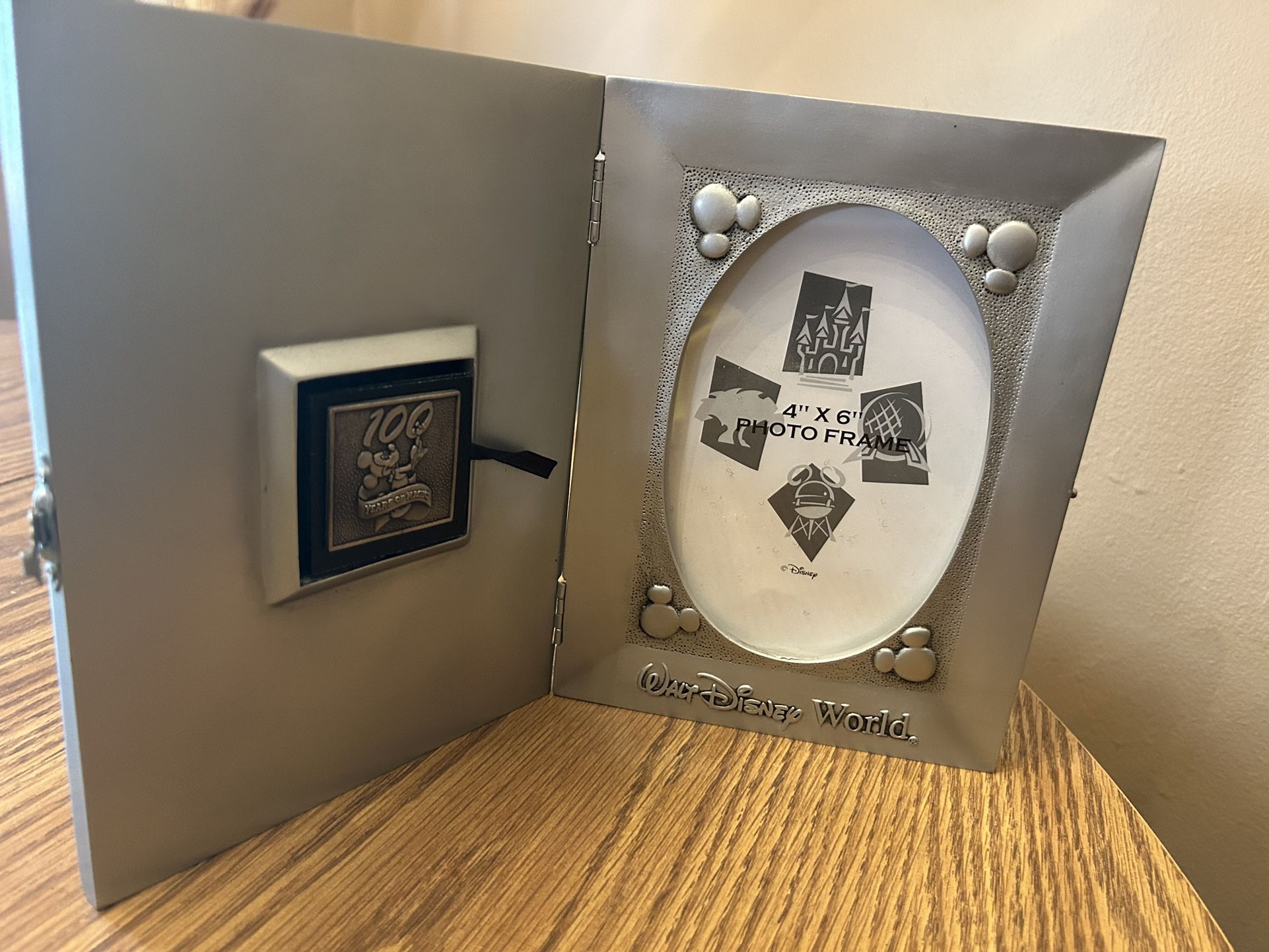 Walt Disney World Pewter Picture Frame And Mickey Mouse Pin "100 Years Of Magic"