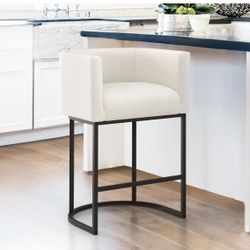 LUE BONA 27" H Counter Height Bar Stools Set of 2, Modern Barrel Counter Stools with Backrest and Arms, Black Metal Frames, Linen Fabric Upholstered A