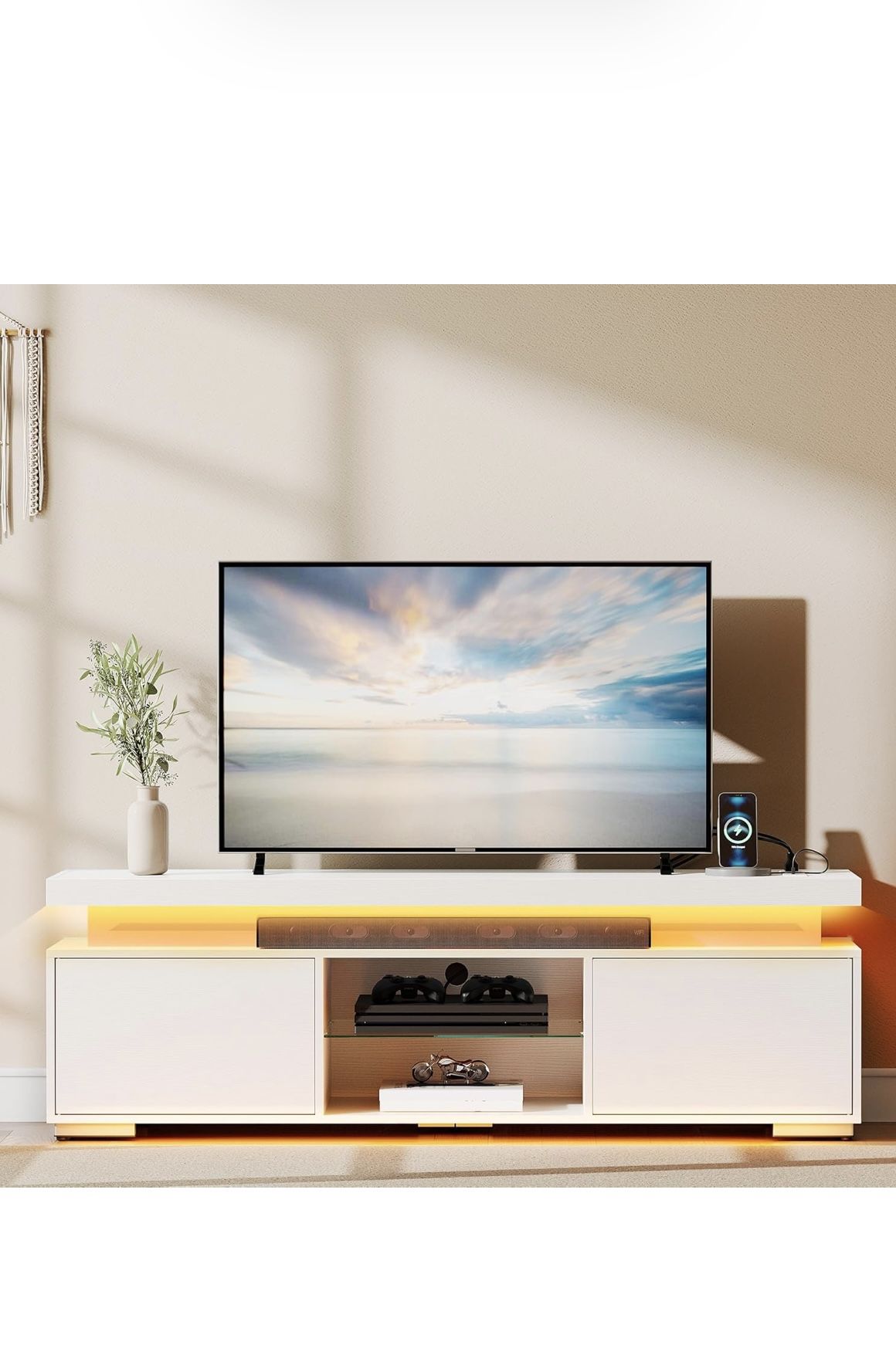 Entertainment Center with Storage, Modern LED TV Stand w/Power Outlets, TV Console Media Cabinet