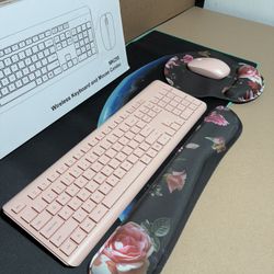 Pink Wireless Keyboard & Mouse, W/ Wrist Rest & Mouse Pad
