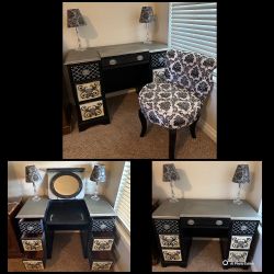 VTG Hand-painted Wood Desk Converted to Vanity + FREE Chair & Lamps, OBO