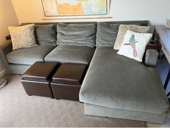 Large Gray Duck Feather Sectional Sofa + Storage Ottomans, Cup Holder & Pillows – Great Condition