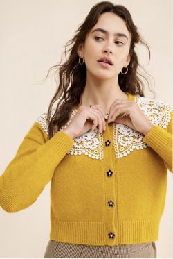 Maeve By Anthropology Golden Yellow Lace Cardigan Enamel Crystal Buttons
