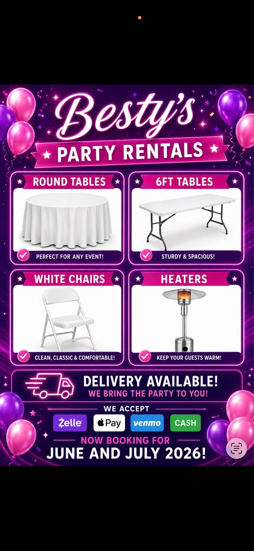 Party Needs ! Tables, chairs, heaters