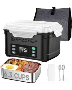New-AMZCHEF Cordless Electric Heated Lunch Box: 5-SIDED Heating Lunch Box,XL 6.3-Cup Rechargeable Heated Lunch Box with Memory Function, 27000mAh Lunc