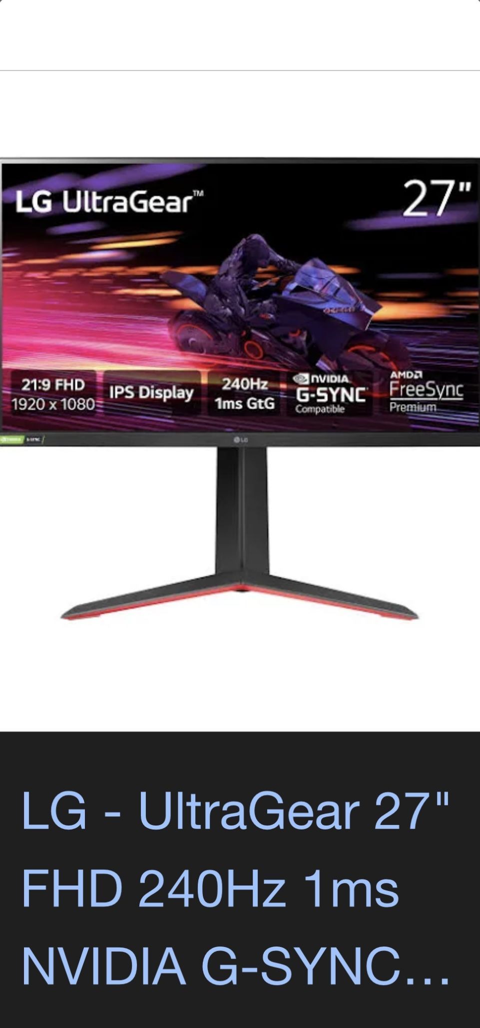LG UltraGear 27” FHD 240Hz 1ms NVIDIA G-SYNC Desktop Monitor